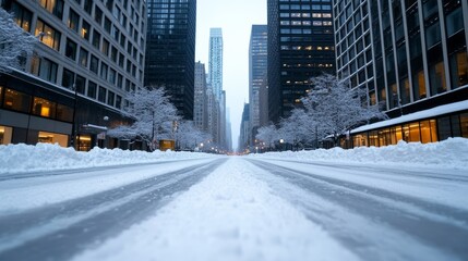 Poster - Snow-dusted skyscrapers and frozen streets with soft winter light reflecting off glass buildings in the city 