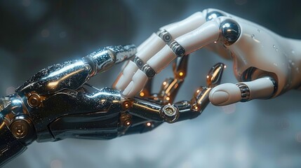 Leinwandbilder - Science and technology, connection, connection between human fingers and robot fingers, Internet.