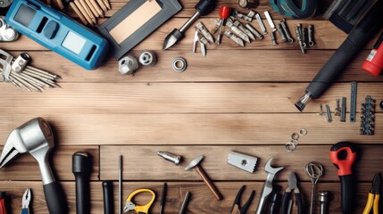 Overhead view of a wooden workbench filled with diverse tools and gadgets, ready for crafting and repair work.