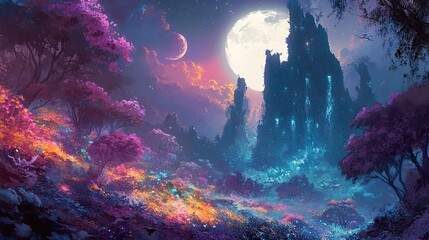 Canvas Print - Enchanted Forest Under a Glowing Moon: A Fantasy Landscape