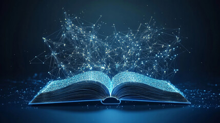  This illustration showcases the concept of artificial intelligence engaged in the creation of an e-book, depicted through a polygonal design of interconnected lines and points.
