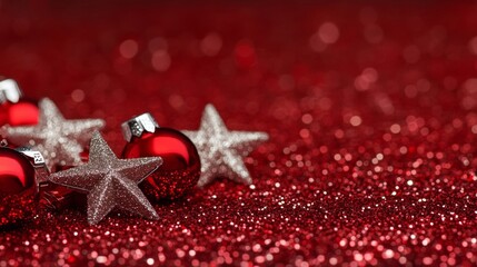 Canvas Print - Sparkling red glitter background with glowing silver stars, soft holiday glow and blurred texture for Christmas themes 