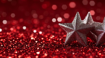 Poster - Sparkling red glitter background with glowing silver stars, soft holiday glow and blurred texture for Christmas themes 