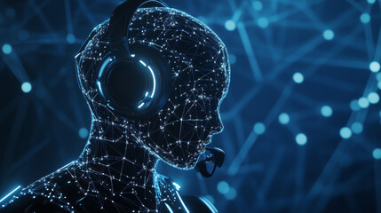 A voice-automated robot assistant utilizing artificial intelligence to communicate and answer calls with a headset, depicted in a polygonal construction of lines and points against a blue background.
