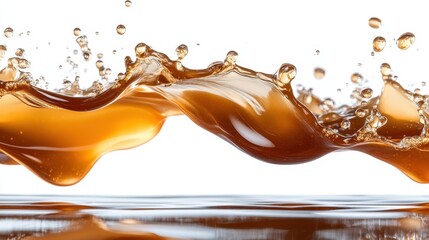 A fluid and dynamic splash of caramel-colored liquid captured against a pristine white background, showcasing motion, fluidity, and the essence of sweet indulgence.