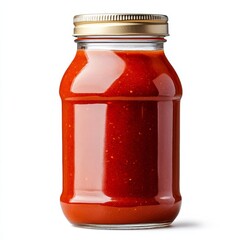 Wall Mural - Spicy chipotle sauce in a clear jar with visible smoky red texture isolated on white background 