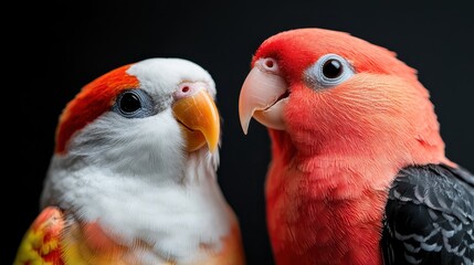 A close-up image depicting two beautifully colored birds, one with white and orange feathers and another in red, shown against a dark background.