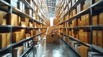 Aufkleber - Modern warehouse. shelves full of toner cartridges. in the middle of a hallway a box full of gold.