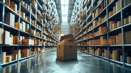 Aufkleber - Modern warehouse. shelves full of toner cartridges. in the middle of a hallway a box full of gold.