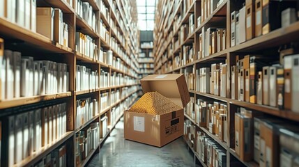 Aufkleber - Modern warehouse. shelves full of toner cartridges. in the middle of a hallway a box full of gold.