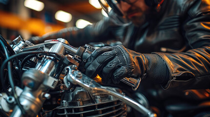 Leinwandbilder - A mechanic inspecting a motorcycle engine with tools in hand emphasizing maintenance check.