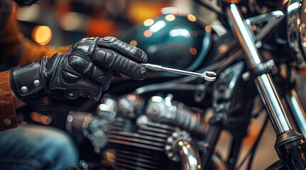 Leinwandbilder - A mechanic inspecting a motorcycle engine with tools in hand emphasizing maintenance check.