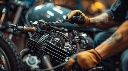 Leinwandbilder - A mechanic inspecting a motorcycle engine with tools in hand emphasizing maintenance check.