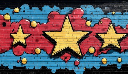 Three yellow stars painted on a brick wall with red and blue painted clouds and dots surrounding them  .