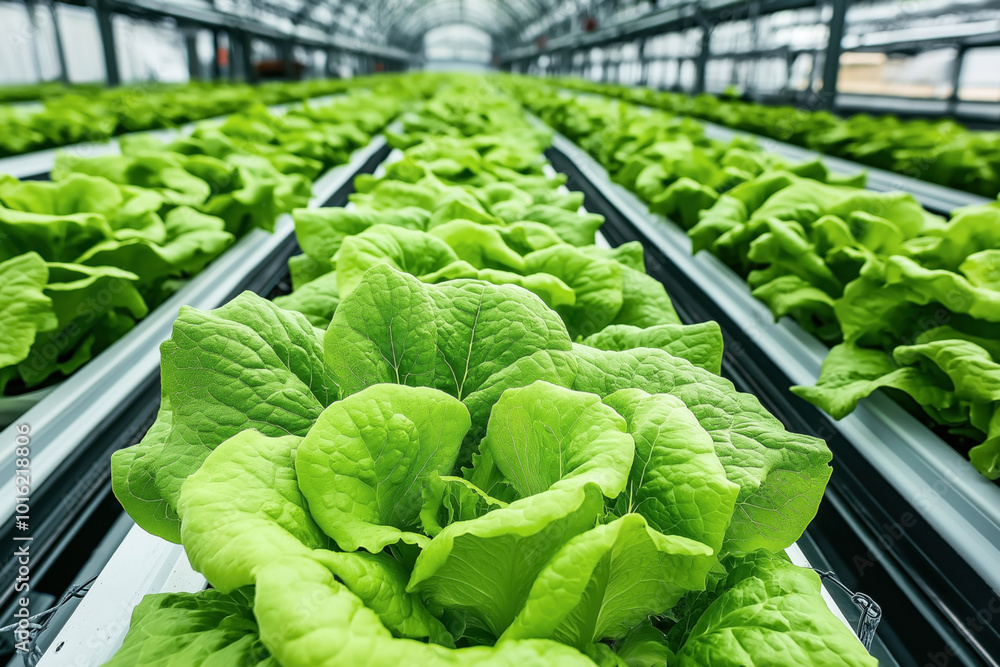 Rows of fresh, green leafy vegetables growing in a modern hydroponic ...