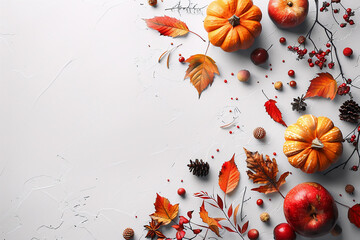 Wall Mural - pumpkins, autumn leaves, berries, and pine cones on a light background