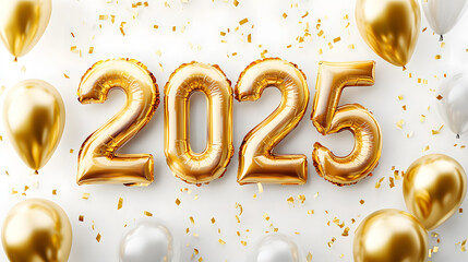 Sticker - Happy New Year background with 2025 shiny golden numbers made of air balloons isolated on white background. Festive celebration banner