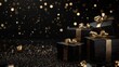 © kimly - Black gift boxes with gold ribbon in black background copy space, glitter, 3d backdrop