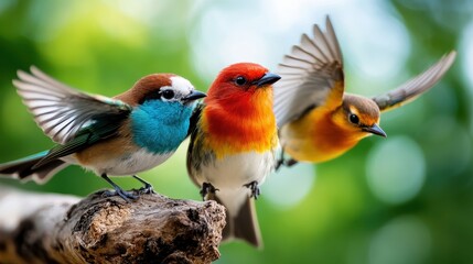 Three vividly colored birds, each with distinct vibrant plumage, sit poised on a log. They are set against a soft-focus natural background in anticipation of flight.