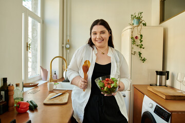 Smiling woman enjoys making a healthy salad at home in her lovely kitchen.