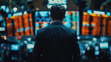 Aufkleber - Stock exchange screens showing market fluctuations and trades as an investor walks through the trading floor.