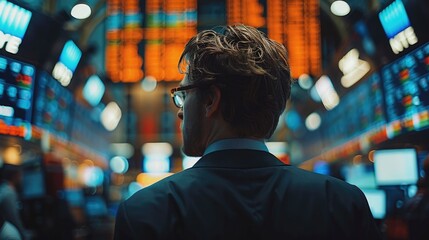 Aufkleber - Stock exchange screens showing market fluctuations and trades as an investor walks through the trading floor.