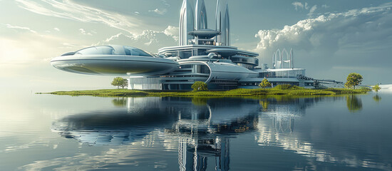 A futuristic and highly detailed holographic model of an industrial steel structure is placed at the center, atop a body of water with green grass at its base.