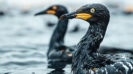 Close-up of two cormorants swimming in calm water, showcasing their striking feathers and vivid coloration.