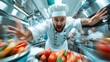 © familymedia - In a bustling kitchen, a chef is energetically moving amid steaming pots and vibrant vegetables, fully immersed in the frenzied yet artistic process of cooking.