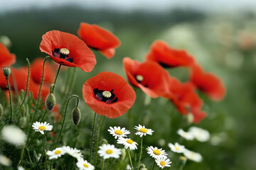 Canvas Print - Close-up of vibrant red poppies and white daisies in a lush green meadow with a soft-focused background