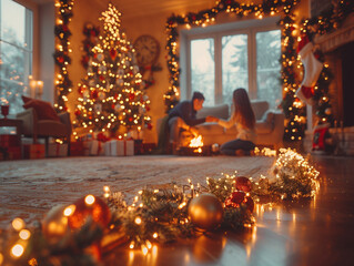 two people decorating a living room during Christmas