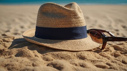 straw hat with sunglasses on the beach