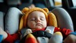 © familymedia - A peacefully sleeping baby, dressed in a warm, bear-themed outfit, rests securely in a car seat, exuding comfort and safety during a blissful nap on a journey.