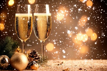 Two elegant champagne glasses celebrate the festive season with sparkling bubbles.