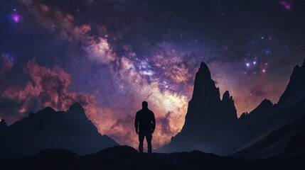 Wall Mural - astrophotography of milky way galaxy: starry night sky landscape with mountains silhouette
