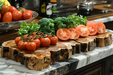 Fresh Tomatoes and Broccoli on Rustic Wooden Board for Culinary Inspiration