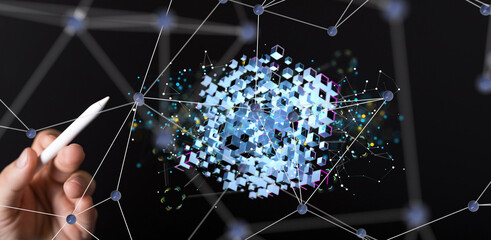 Fototapete - Data cloud storage network from lines, triangles and particle style design. 3d