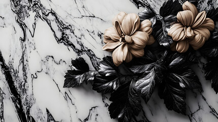 Wall Mural - floral design in black and white on a marble background.