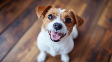 A cute dog with white and brown fur sits on a wooden floor, beaming with a happy expression, exuding joy and liveliness in a domestic setting of comfort.