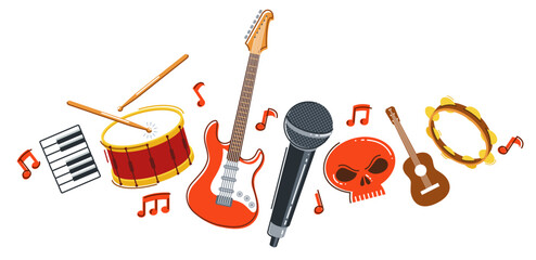 Wall Mural - Rock music band vector flat illustration isolated over white background, hard rock and heavy metal live sound festival or concert, rock n roll musical band playing, night club party.