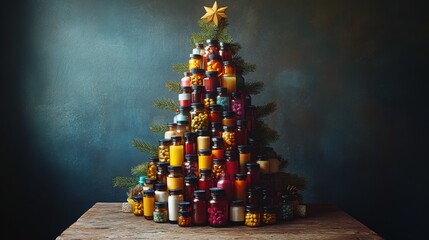 A creative Christmas tree made from stacked wellness supplements in a cozy indoor setting