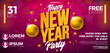 © articular - Happy New Year 2025 Party Banner Flyer Template Illustration with 3d Typography Lettering and Christmas Ball on Red Background. Vector New Year Eve Celebration Holiday Design. Premium Invitation or