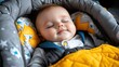 © familymedia - A peacefully sleeping baby in a car seat is wrapped in a star-patterned blanket, invoking serenity and comfort while traveling, highlighting safe infant care.