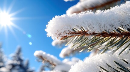 Close-up of a snow-covered pine branch glistening under the bright sun, capturing the serene and fresh beauty of a winter day in a forest setting.