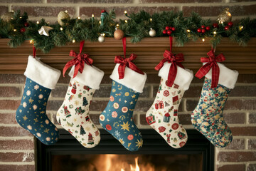 Christmas stockings hanging from a mantel.