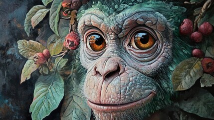 Poster - Close-up Portrait of a Monkey in Lush Foliage