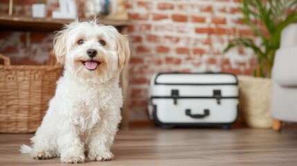 A cute white dog with a fluffy coat sits happily in a cozy living room with brick walls and wooden flooring, exuding warmth and comfort.