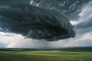 large black thundercloud rolling over green plains.
