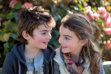 Wall Mural - Portrait of two happy children, boy and girl, smiling and looking at each other outdoors