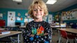 © familymedia - A bright young child stands confidently in a vivid, engaging classroom setting, portraying happiness, learning enthusiasm, and educational vitality.